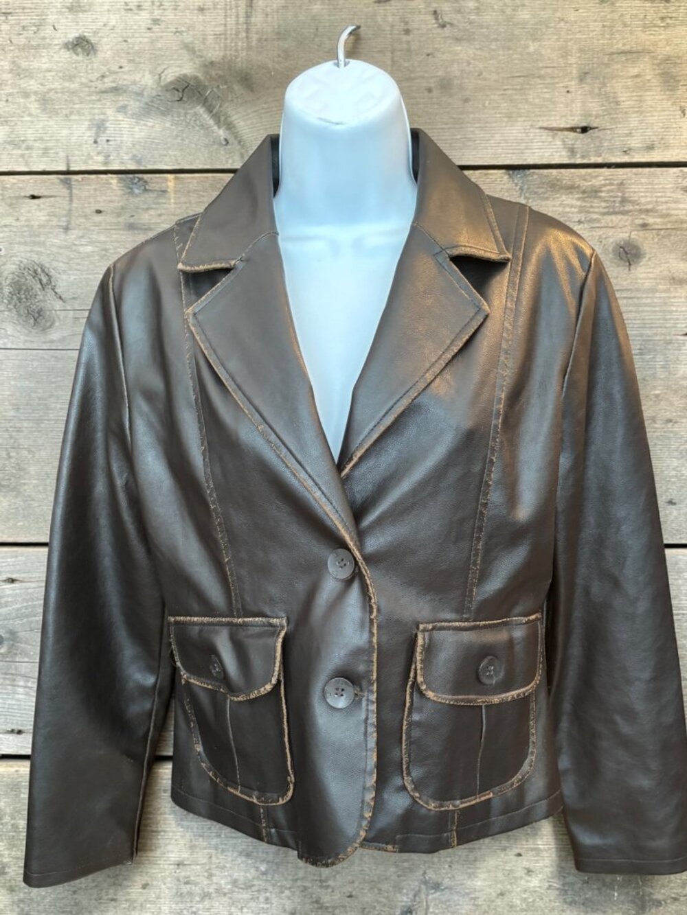 RVT Womens Faux Leather Jacket PS Brown Button-Up With Pockets